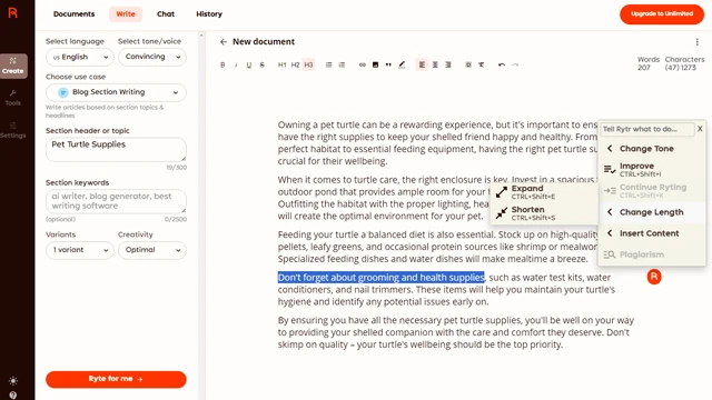 Online writing interface of Rytr